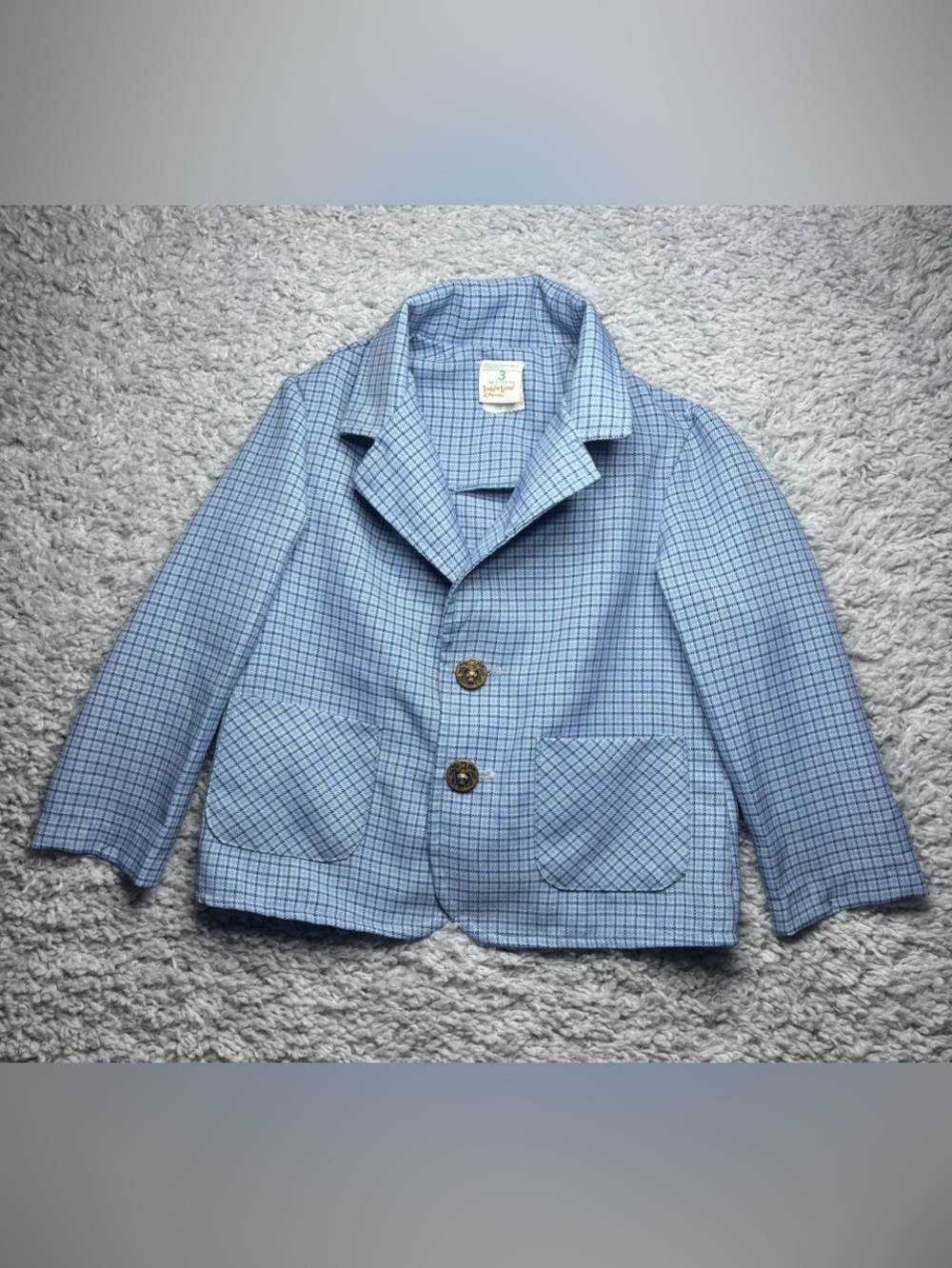 VINTAGE TODDLER TIME BLAZER Boys 3T 1970s Jacket Plaid Light Blue Micro Check